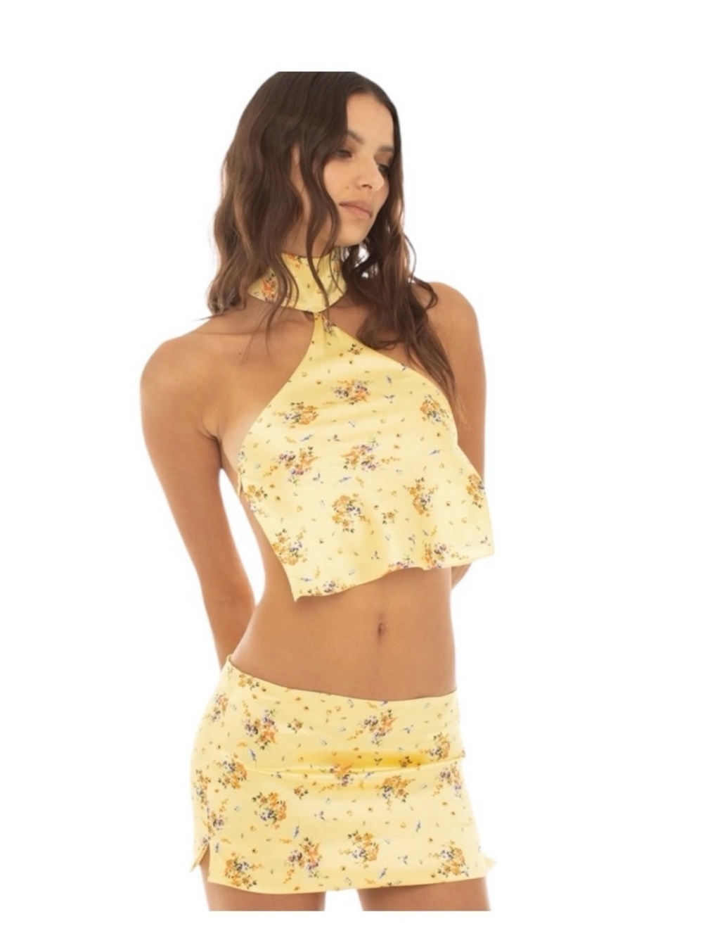 ARE YOU AM I - KIKU Yellow Floral Halter Crop Top and Mini Skirt Set